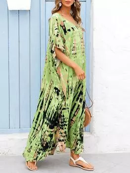 Женское платье макси большого размера с завязками и принтом с V-образным вырезом, пляжный халат, накидка One Size белый