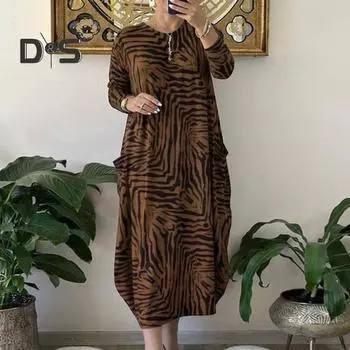 Женское платье макси большого размера с длинным рукавом и круглым вырезом, подходящее по цвету леопардовое платье с карманами до щиколотки, женское осенне-весеннее платье 2XL коричневый