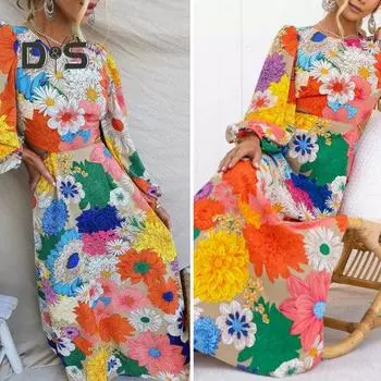 Женское платье макси, цветное, с длинным рукавом, узкой талией, на шнуровке, с круглым вырезом, рукавом-фонариком, А-силуэтом, свободным подолом, с высокой талией, на осень-весну, для выпускного вечера L разноцветный