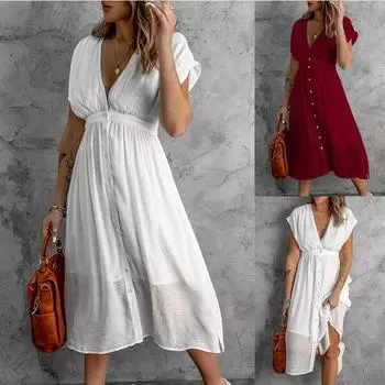 Женское платье макси, длинное праздничное платье с V-образным вырезом и пляжными пуговицами, женский летний сарафан S белый