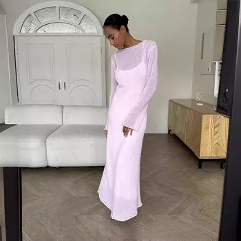 Женское платье-макси из двух частей, связанное крючком, облегающее платье-свитер из эластичной сетки + облегающее нижнее платье на тонких бретельках, женское платье-халат с длинным рукавом One size