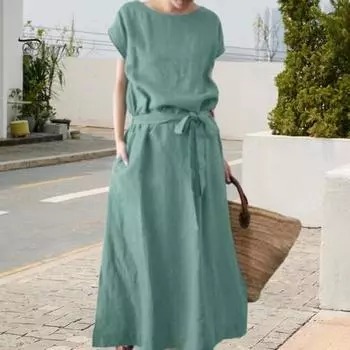 Женское платье макси из хлопка и льна в стиле бохо, летнее, с коротким рукавом, круглым вырезом, длинным платьем, поясом и карманами, повседневный пляжный сарафан M серый