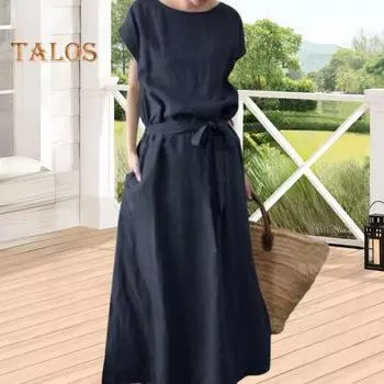 Женское платье макси из хлопка и льна в стиле бохо, летнее, с коротким рукавом, круглым вырезом, длинным платьем, поясом и карманами, повседневный пляжный сарафан M чёрный