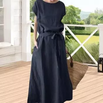 Женское платье макси из хлопка и льна в стиле бохо, летнее, с коротким рукавом и круглым вырезом, длинное платье M темно-синий