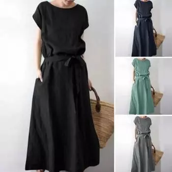 Женское платье макси из хлопка и льна в стиле бохо, летнее, с коротким рукавом, круглым вырезом, длинным платьем, поясом и карманами, повседневный пляжный сарафан M серый