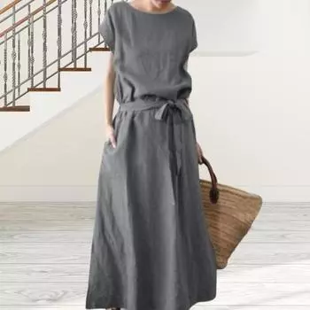 Женское платье макси из хлопка и льна в стиле бохо, летнее, с коротким рукавом, круглым вырезом, длинным платьем, поясом и карманами, повседневный пляжный сарафан M чёрный