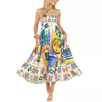 Женское платье макси на бретельках с граффити, красочное длинное платье трапециевидной формы с рисунком, длинное платье на бретельках в стиле бохо, пляжный сарафан для отпуска S жёлтый