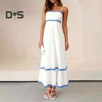 Женское платье макси на бретельках, полосатое, контрастного цвета, длинное платье без рукавов, бандо, вечернее вечернее платье с рюшами и подолом M абрикосовый