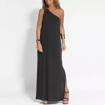 Женское платье макси на одно плечо, без рукавов, с открытой спиной, однотонное, свободное, мягкое, с косой горловиной, с разрезом по бокам, полная длина, платье для летних каникул M чёрный