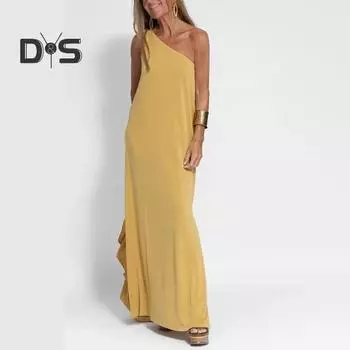 Женское платье макси на одно плечо, без рукавов, с открытой спиной, однотонное, свободное, мягкое, с косой горловиной, с разрезом по бокам, полная длина, платье для летних каникул M чёрный