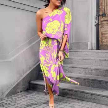 Женское платье макси на одно плечо с рукавами «летучая мышь» с цветочным принтом и разрезом, длинное платье с плиссировкой и высокой талией, коктейльное платье для вечеринок S зелёный