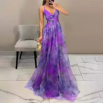 Женское платье макси на тонких бретельках с цветочным принтом в стиле бохо, глубоким V-образным вырезом, сетчатым плиссированным платьем, летнее пляжное вечернее длинное платье-свитер S фиолетовый