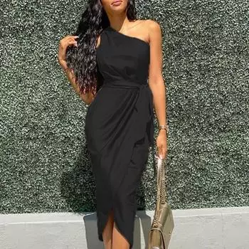 Женское платье макси, облегающее атласное платье с неровным косым плечевым поясом S чёрный