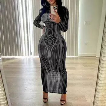 Женское платье макси, облегающее облегающее платье-футляр с длинным рукавом, эластичное, с круглым вырезом, в полоску, с принтом, мягкое, тонкое, до щиколотки, женское вечернее платье L серый