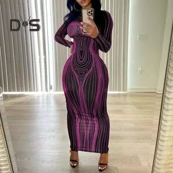 Женское платье макси, облегающее, облегающее, с длинным рукавом, эластичное, с круглым вырезом, в полоску, с принтом, мягкое, тонкое, до щиколотки, женское, весенне-осеннее, вечернее платье M серый