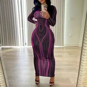 Женское платье макси, облегающее, облегающее, с длинным рукавом, эластичное, с круглым вырезом, в полоску, с принтом, мягкое, тонкое, до щиколотки, женское, весенне-осеннее, вечернее платье M серый