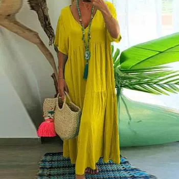 Женское платье макси, плиссированное, с v-образным вырезом, винтажное, с короткими рукавами, в стиле пэчворк, со свободным подолом, мягкое однотонное женское летнее платье 3XL синий