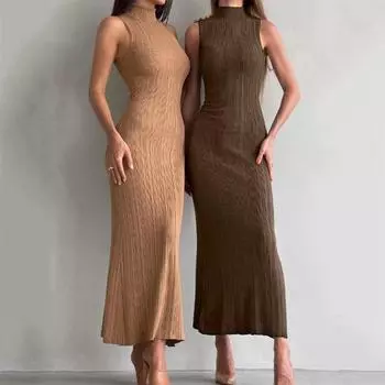 Женское платье макси Плотно прилегающее сплошное цветное платье без рукавов Узкое с высокой эластичностью и высоким воротником Вязаное с открытыми плечами Клубная вечеринка Свидания Покупки Длинные платья M чёрный