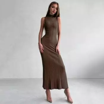 Женское платье макси Плотно прилегающее сплошное цветное платье без рукавов Узкое с высокой эластичностью и высоким воротником Вязаное с открытыми плечами Клубная вечеринка Свидания Покупки Длинные платья M чёрный