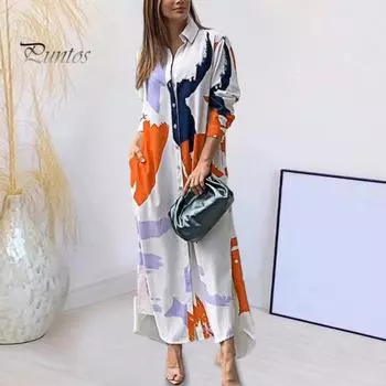 Женское платье макси, подходящее по цвету, с отложным воротником и принтом, однобортное, с длинными рукавами, свободное, с нерегулярным подолом, повседневное, для отпуска, пляжное, повседневное. S синий