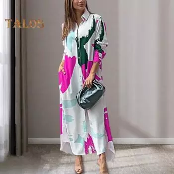 Женское платье макси, подходящее по цвету, с отложным воротником и принтом, однобортное, с длинными рукавами, свободное, с нерегулярным подолом, повседневное, для отпуска, пляжное, повседневное. S синий