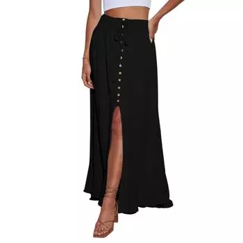 Женское платье макси с эластичной талией, завязкой и пуговицами, повседневное, свободное, струящееся, с разрезом спереди XL чёрный