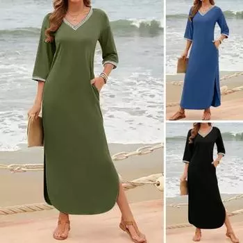 Женское платье макси с боковыми карманами, V-образным вырезом, рукавами 3/4, свободным разрезом по низу, однотонное пэчворк, однотонное свободное пляжное платье-пуловер XL зелёный