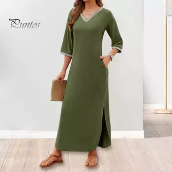 Женское платье макси с боковыми карманами, V-образным вырезом, рукавами 3/4, свободным разрезом по низу, однотонное пэчворк, однотонное свободное пляжное платье-пуловер XXL зелёный