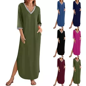 Женское платье макси с боковыми карманами, V-образным вырезом, рукавами 3/4, свободным разрезом по низу, однотонное пэчворк, однотонное свободное пляжное платье-пуловер S зелёный