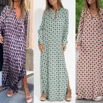 Женское платье макси с цветочным геометрическим принтом и разрезом, летнее свободное платье до щиколотки с v-образным вырезом и длинным рукавом, модное повседневное праздничное платье L абрикосовый