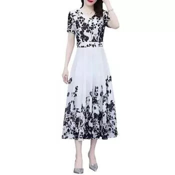Женское платье макси с цветочным принтом в китайском стиле, длинное платье А-силуэта, летнее пляжное платье с коротким рукавом и V-образным вырезом 2XL