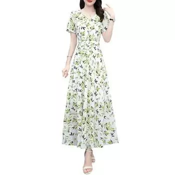 Женское платье макси с цветочным принтом, летнее, с V-образным вырезом, коротким рукавом, длинное, повседневное, свободное, А-силуэт, пляжный сарафан M