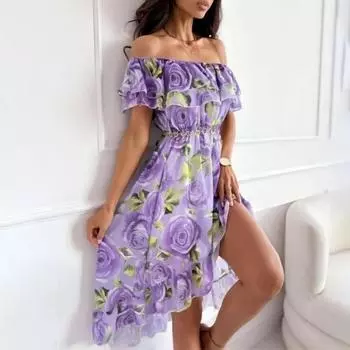 Женское платье макси с цветочным принтом и оборками, удобное стильное весенне-летнее модное облегающее женское платье 2XL фиолетовый
