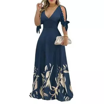 Женское платье макси с цветочным принтом, обтягивающее, с высокой талией и низким вырезом, V-образным вырезом, декором из бисера, длиной до пола, трапециевидной формы, лоскутное платье с бантом и половиной рукава, женское платье L темно-синий