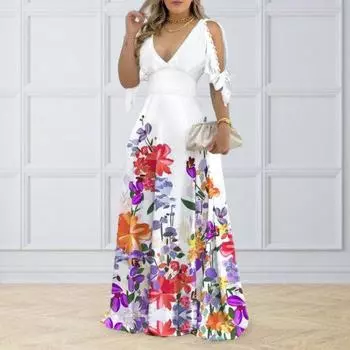 Женское платье макси с цветочным принтом, облегающее, с высокой талией, с низким вырезом, V-образным вырезом, декором из бисера, длиной до пола, трапециевидной формы, в стиле пэчворк, с бантом, половина рукава, весна-осень L темно-синий