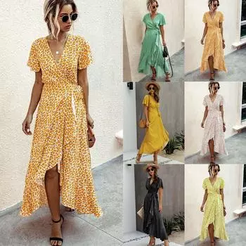 Женское платье макси с цветочным принтом в стиле бохо, летнее женское платье в горошек с коротким рукавом и длинным цветочным запахом S бежевый