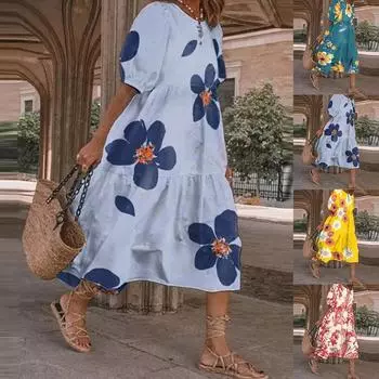 Женское платье макси с цветочным принтом и пышными рукавами, праздничный летний пляжный кафтан, сарафан XXXXXL красный