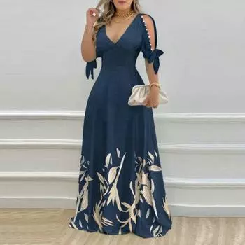 Женское платье макси с цветочным принтом, обтягивающее, с высокой талией, глубоким вырезом, V-образным вырезом, декором из бисера, длиной до пола, трапециевидной формы, с бантом в стиле пэчворк, рукав до локтя, весна-осень, для женщин L темно-синий