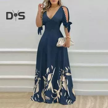 Женское платье макси с цветочным принтом, обтягивающее, с высокой талией, глубоким вырезом, V-образным вырезом, декором из бисера, длиной до пола, трапециевидной формы, с бантом в стиле пэчворк, рукавом до локтя, весна-осень, для женщин L темно-синий