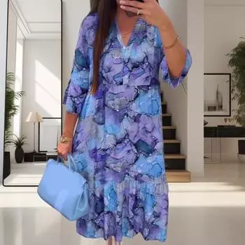 Женское платье макси с цветочным принтом в стиле бохо, летнее свободное платье миди с V-образным вырезом, повседневное платье А-силуэта с длинными рукавами для вечеринок, пляжного отдыха M розовый