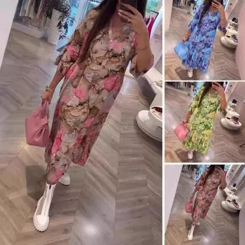 Женское платье макси с цветочным принтом в стиле бохо, летнее свободное платье миди с V-образным вырезом, повседневное платье А-силуэта с длинными рукавами для вечеринок, пляжного отдыха M зелёный