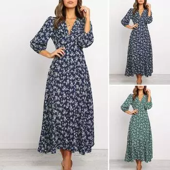 Женское платье макси с цветочным принтом, длинными рукавами и V-образным вырезом, с высокой талией M темно-синий