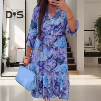 Женское платье макси с цветочным принтом в стиле бохо, летнее свободное платье миди с V-образным вырезом, повседневное платье А-силуэта с длинными рукавами для вечеринок, пляжного отдыха M зелёный