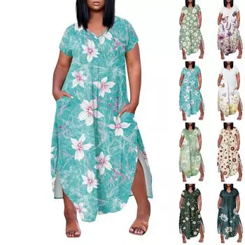 Женское платье макси с цветочным принтом, летнее повседневное платье с коротким рукавом, сарафан с V-образным вырезом, длинные платья с карманами, пляжный отдых XXL армия зеленый
