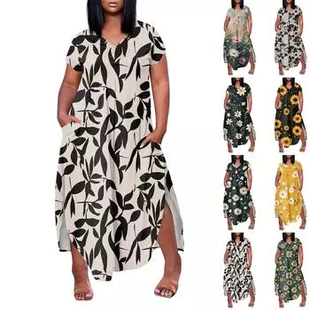 Женское платье макси с цветочным принтом, летнее повседневное платье с коротким рукавом, сарафан с V-образным вырезом, длинные платья с карманами, пляжный отдых XXL армия зеленый