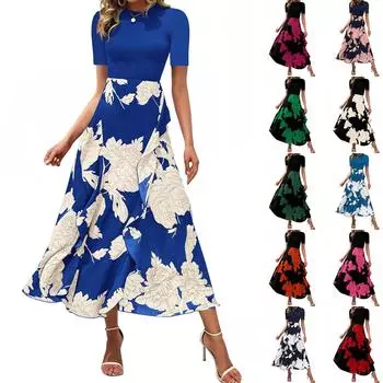 Женское платье макси с цветочным принтом, повседневное, с круглым вырезом, короткими рукавами, оборками, струящееся, коктейльное, свадебное, для гостей L армия зеленый