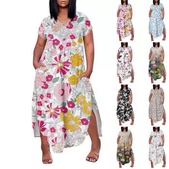 Женское платье макси с цветочным принтом, летнее повседневное платье с коротким рукавом, сарафан с V-образным вырезом, длинные платья с карманами, пляжный отдых L чёрный