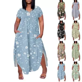 Женское платье макси с цветочным принтом, летнее повседневное платье с коротким рукавом, сарафан с V-образным вырезом, длинные платья с карманами, пляжный отдых L армия зеленый