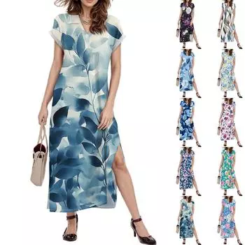 Женское платье макси с цветочным принтом, повседневное платье-рубашка с длинным рукавом и свободным разрезом, праздничное платье с коротким рукавом L бежевый