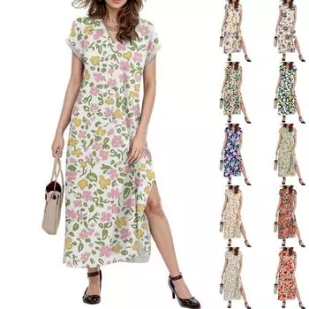 Женское платье макси с цветочным принтом, повседневное платье-рубашка с длинным рукавом и свободным разрезом, праздничное платье с коротким рукавом L армия зеленый